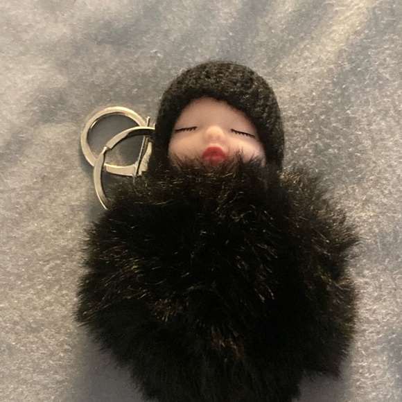 Accessories - Adorable Sleeping Baby Black Fur Pom Pom Keychain/Bag Charm